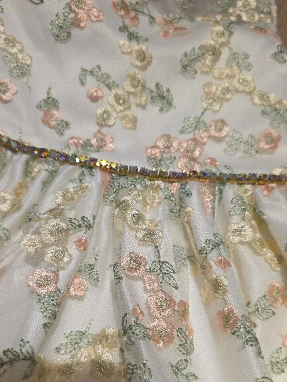 Girls Floral Embroidered Party Dress - White with Pastel Accents. Size 5